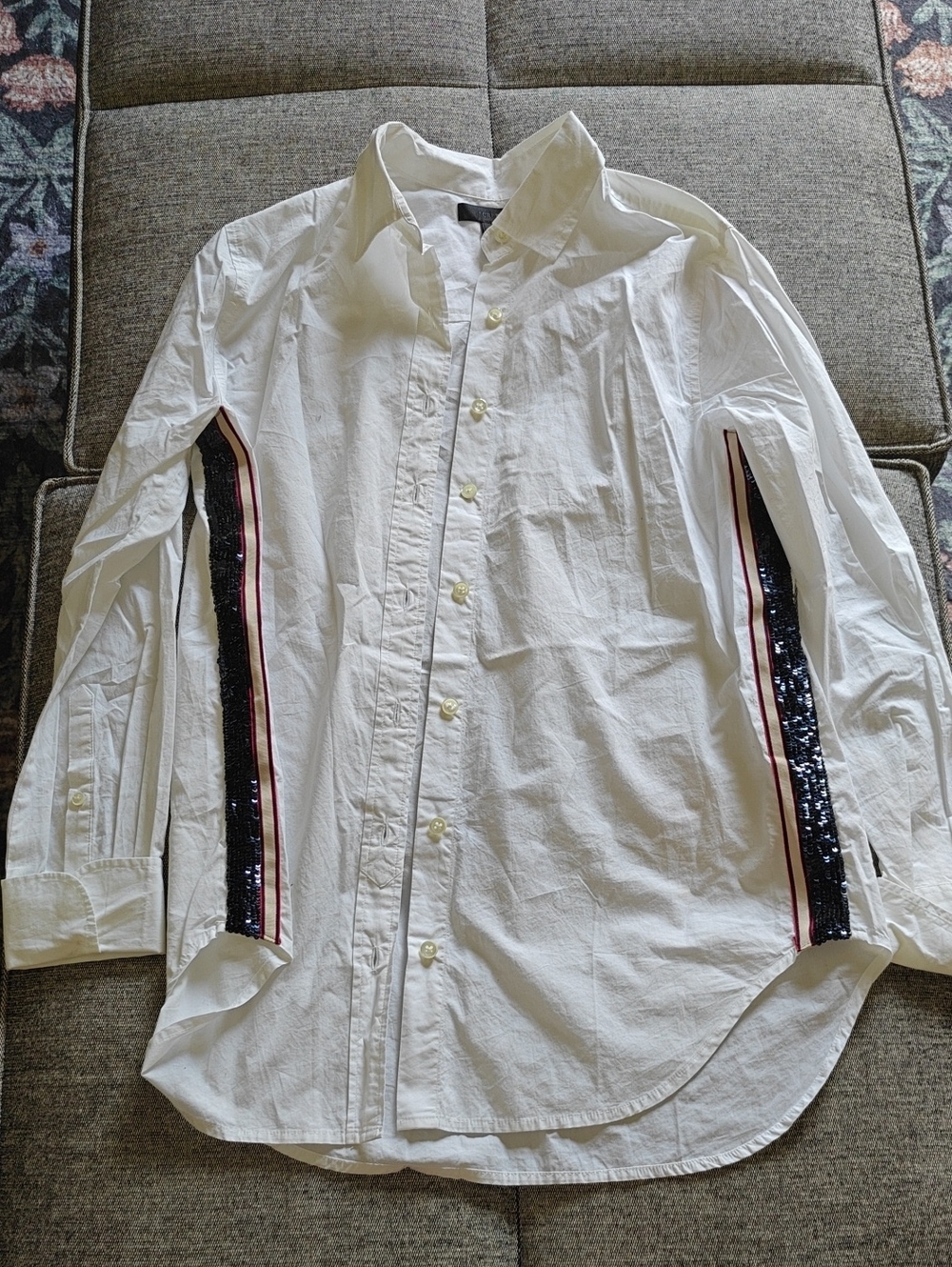 J. Crew White Button-Down Shirt with Black Sequin & Red Stripe Accents